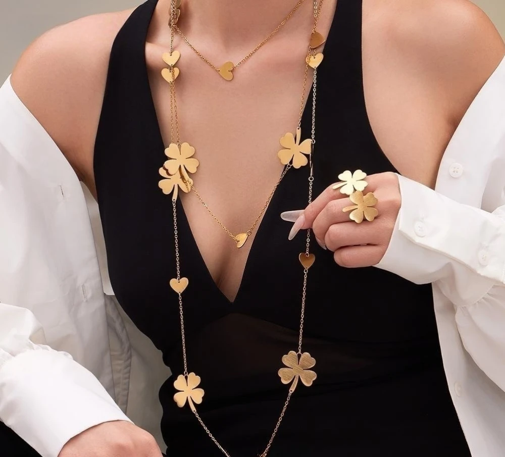 

Titanium Steel Lucky Clover & Heart Long Necklace Women’s Hypoallergenic Adjustable Gold-Plated Fashion Jewelry