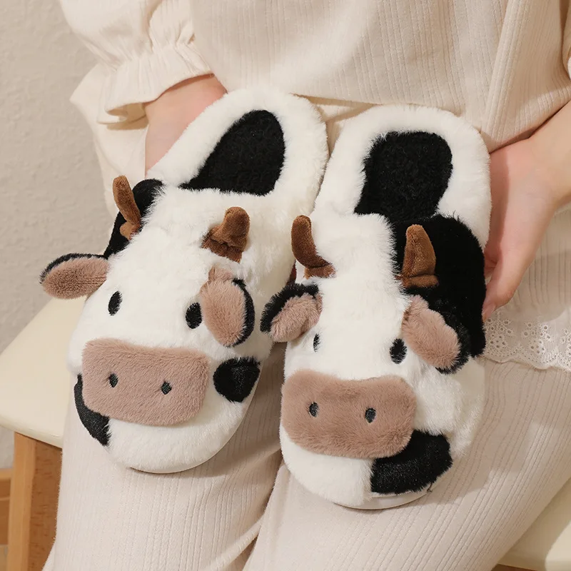 Winter Unisex Women Men Cute Cartoon Cow Warm Plush Slippers Couple\'s Indoor Non-slip House Slides Toe Wrap Home Cotton Shoes