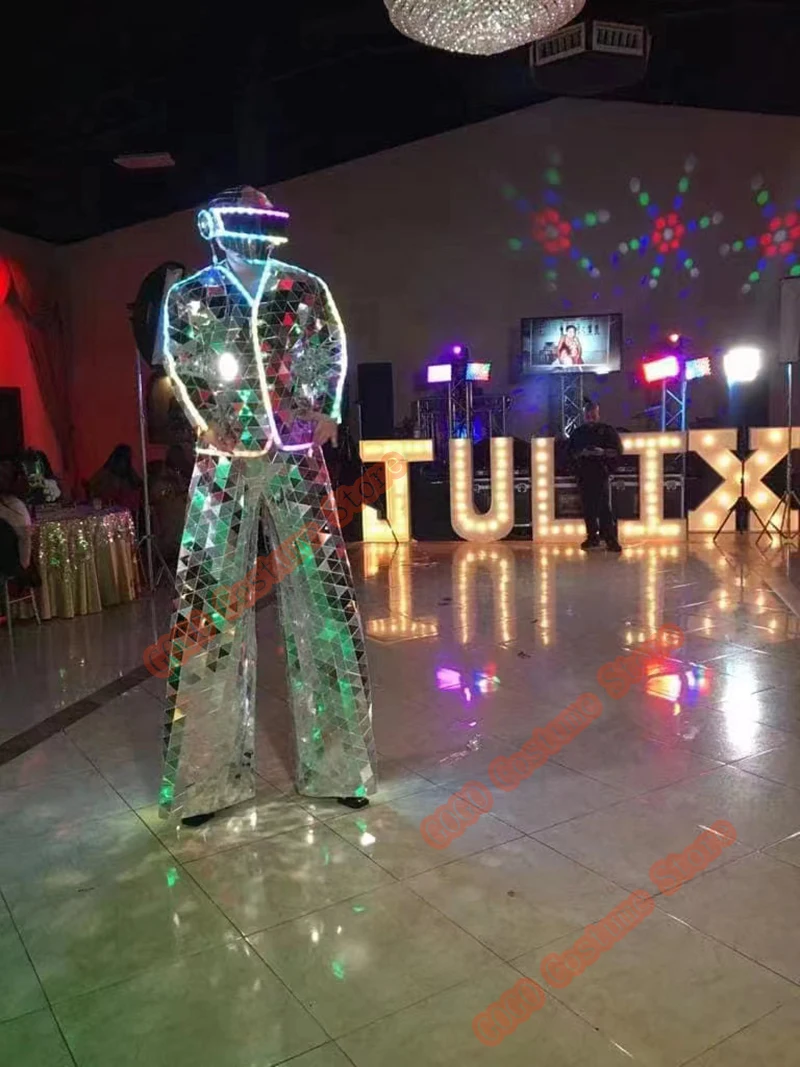 Disfraces de fiesta para adultos y hombres, disfraz de espejo plateado, Real Led, Robot, Stilt, andador, gran oferta