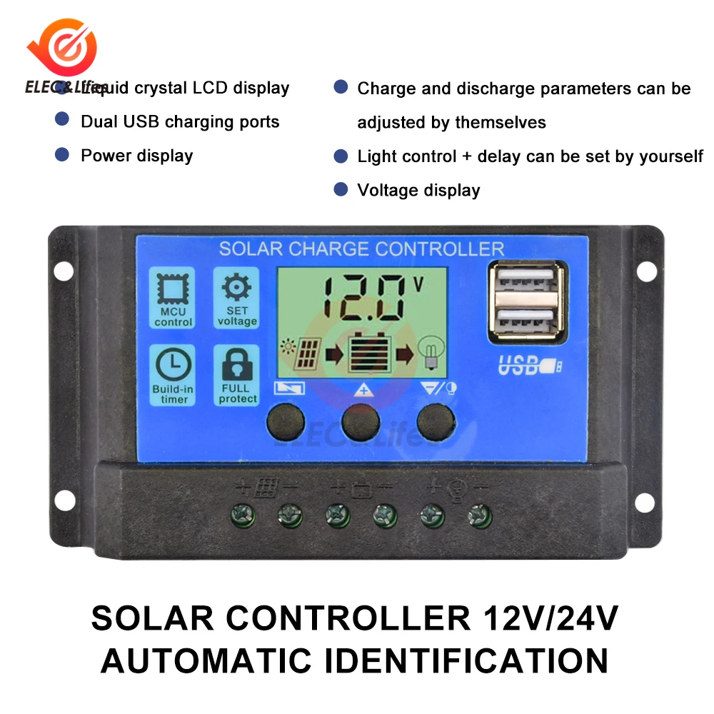 Solar Controller 12V/24V 60A 50A 40A 30A 20A 10A Solar Regulator PWM Lead-acid Battery Charger LCD Display Dual USB 5V Output