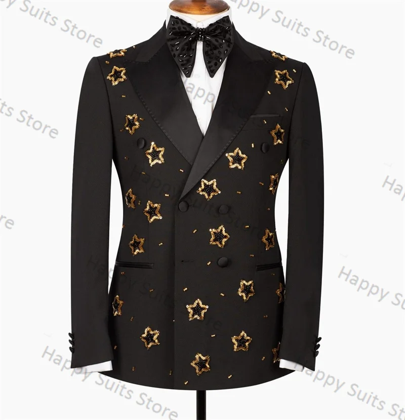 

Gold Crystals Men Suit Set 2 Pieces Black Blazer+Pant Formal Work Office Male Star Jacket Coat Trousers Prom Wedding Tuxedos