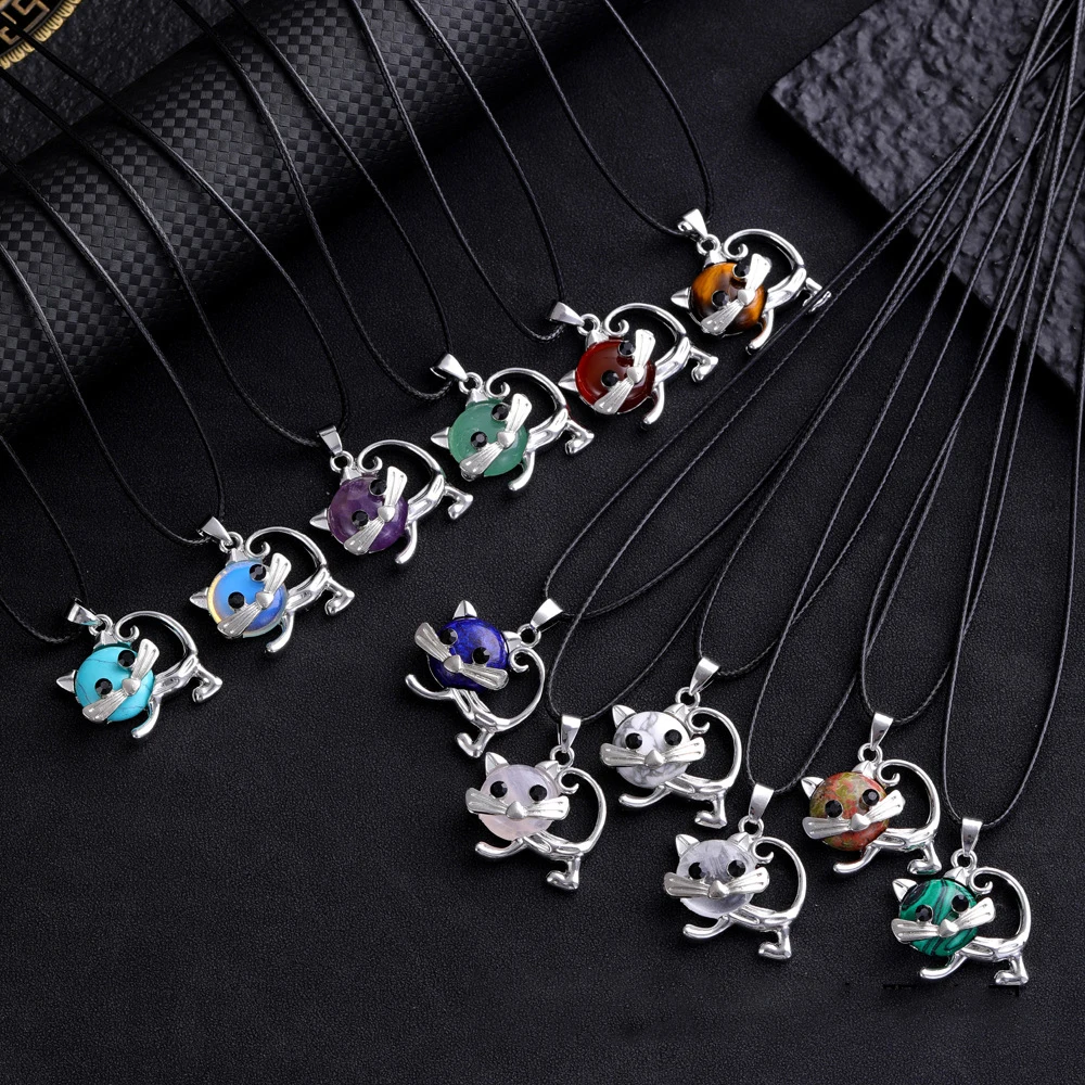 

10pcs Kitty Cat Charms Natural Stone Green Opal Rose Quartz Beads Pendant Necklace Healing Crystal Jewelry Making