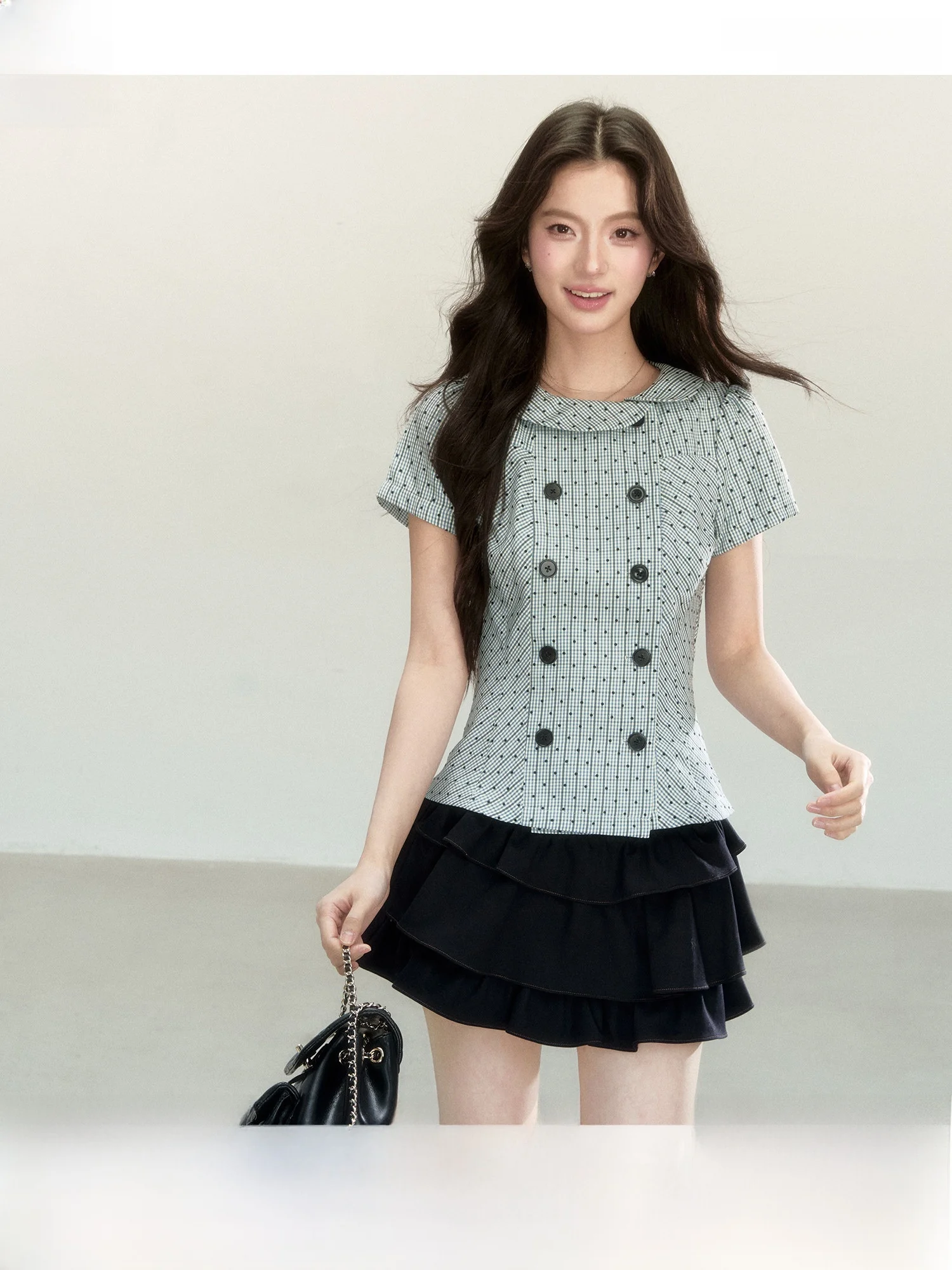 

Artistic Girl Doll Collar Plaid Shirt Short Sleeve Waist Cinching Slimming School Style Shirt Polyester Cotton Blend Summer N...