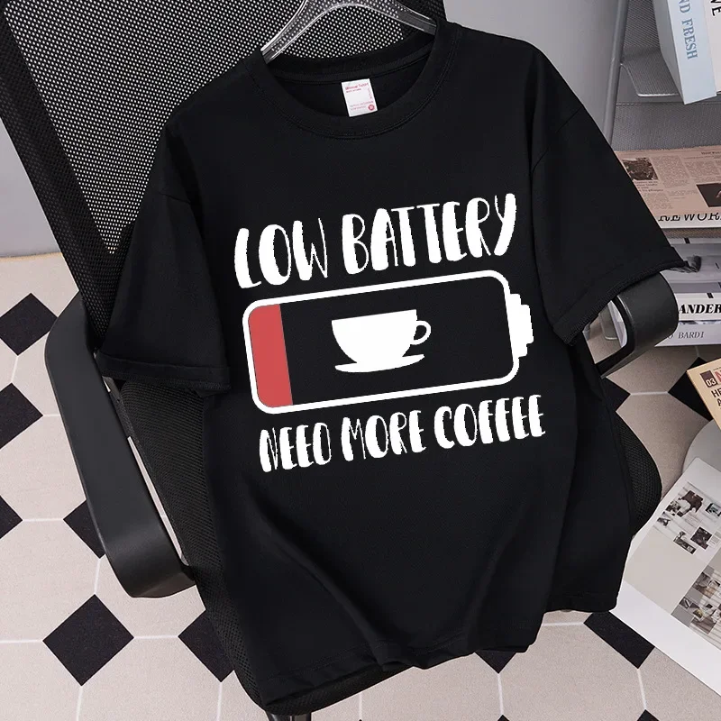 I Need Coffee Battery Funny Design Women  Tees T-Shirts Minimalist Caffeine Graphic Tops Short Sleeve Tees Casual Daily Wear