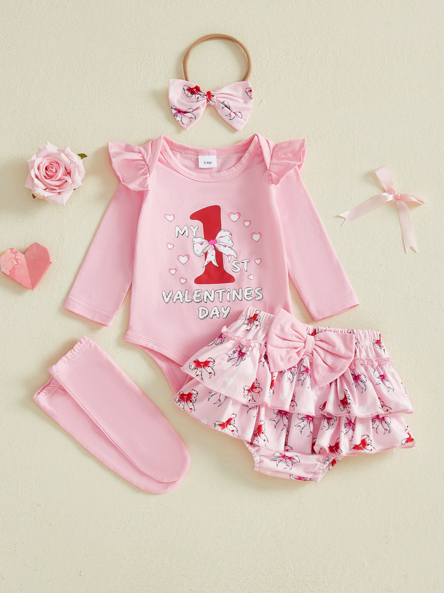 طفل رضيع ملابس عيد الحب الأول رسالة طويلة الأكمام جولة الرقبة رومبير القوس السراويل قبعة الجوارب الطويلة مجموعة