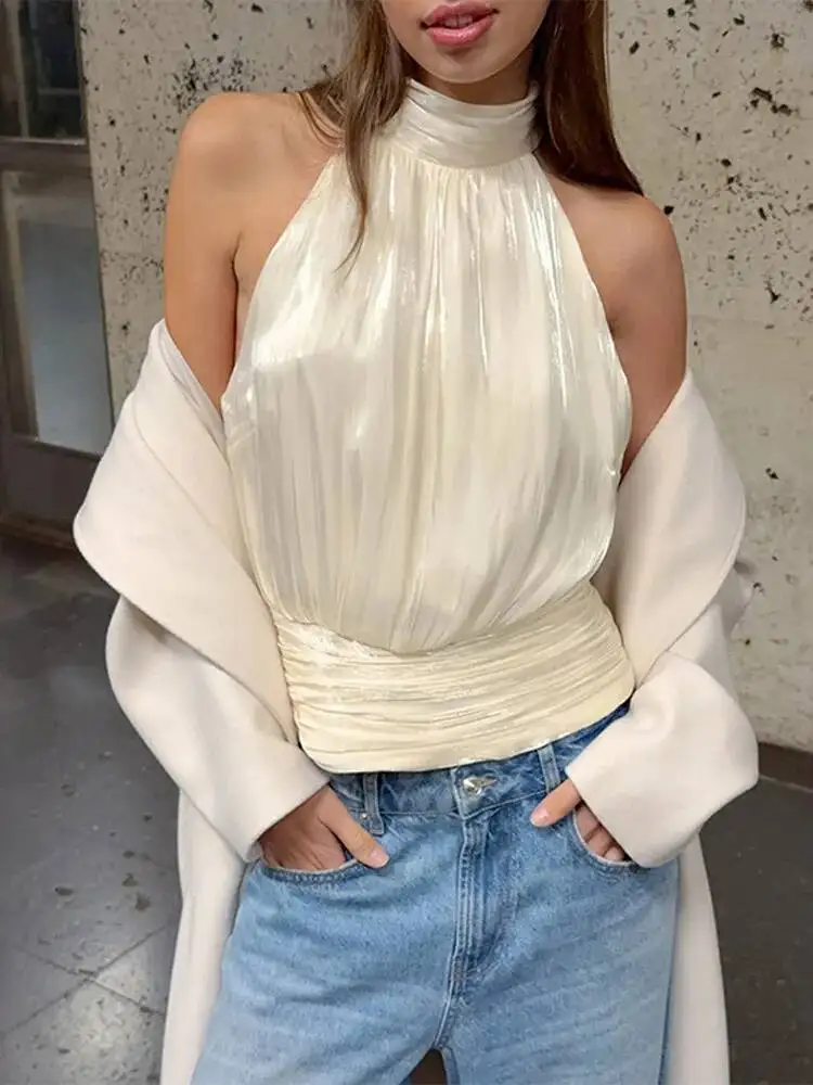 

Sexy Satin Fold Halter Tops Women Sleeveless Backless Solid Blouse Female 2026 Spring Summer Chic Fashion Streetwears Lady