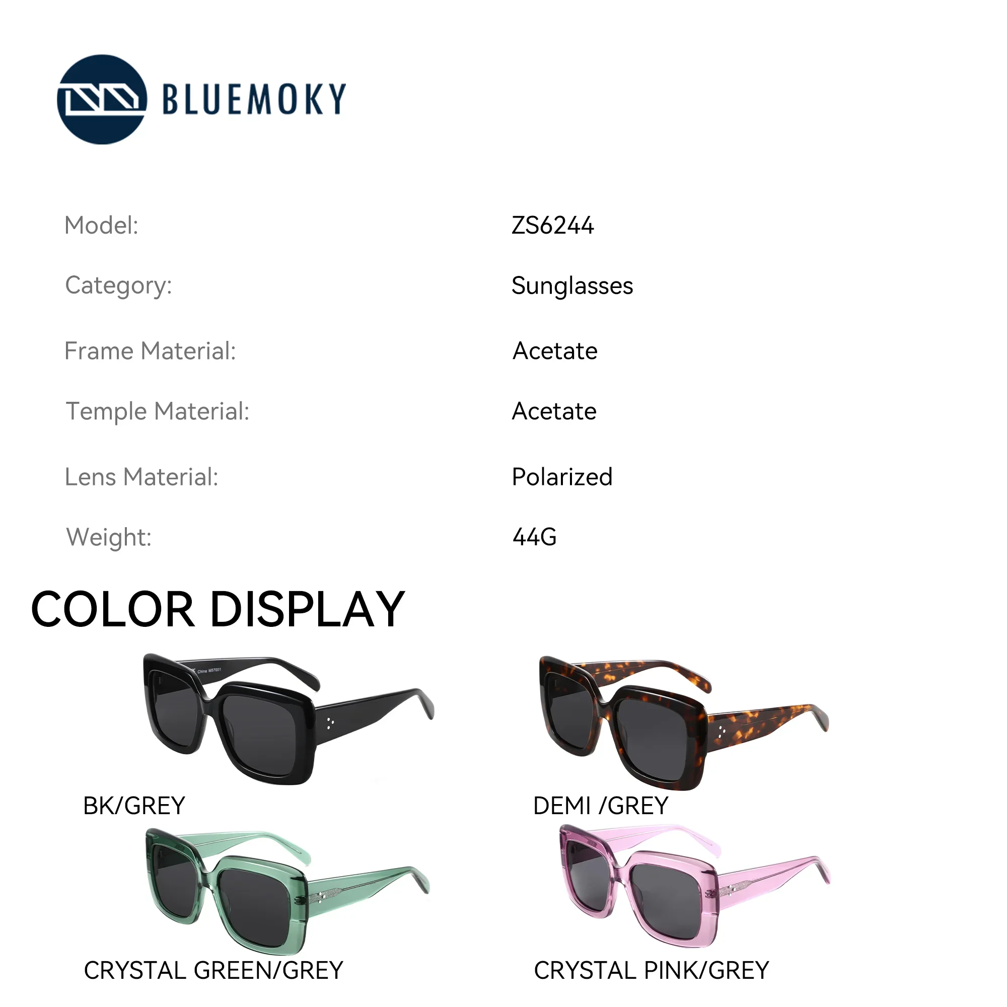 BLUEMOKY Polarized Acetate Sunglasses for Women Oversize Square Frame UV400 Protection Retro Classic
