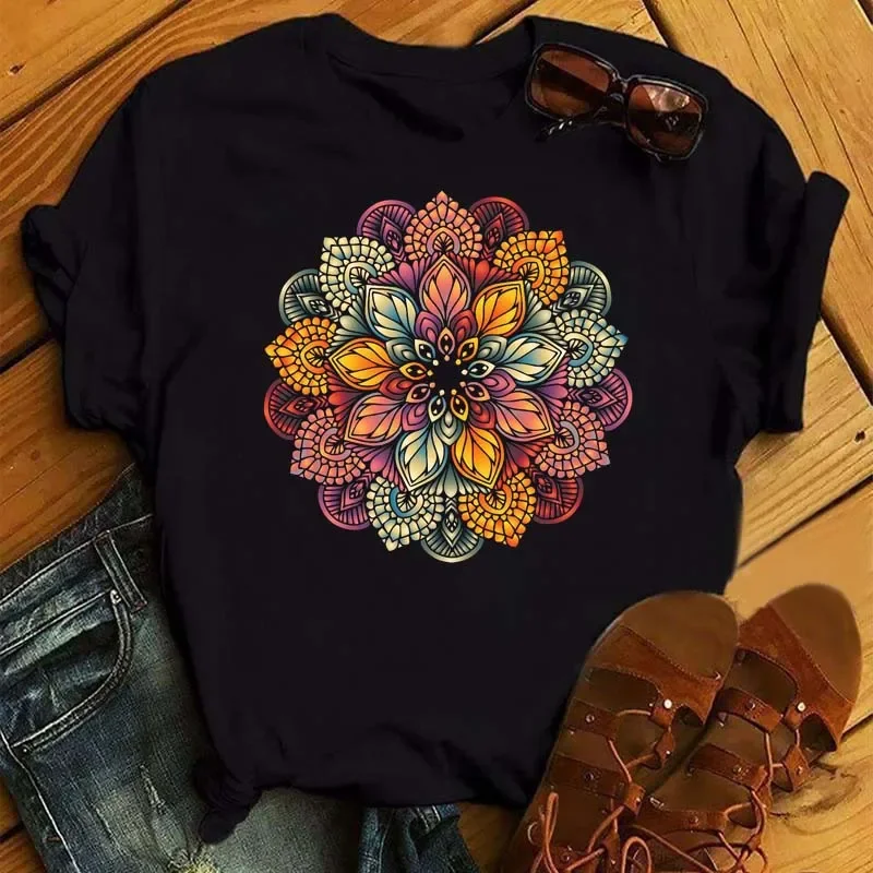 Plus Size Maycaur nowa Mandala koszulka z kwiatowym nadrukiem damska Casual moda T-Shirt z luźna krótka rękawem 90s dziewczyny estetyka Top