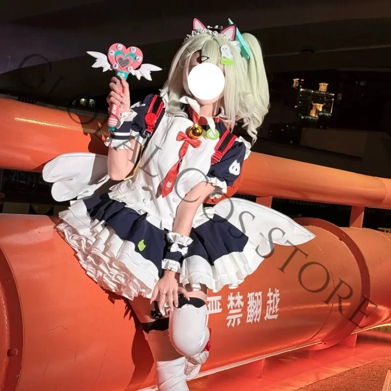 A;3\v,7'd/ZZZ Sunna Cosplay Maid Costume Ruffled Skirt Puff Sleeves and Backpack Props Wig Set Halloween Roleplay Game Zv;5'b\8/ - view 2