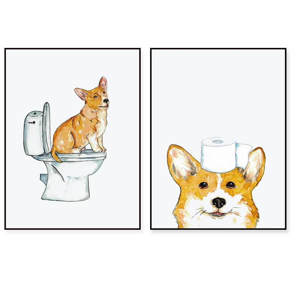 Corgi watercolor art print, corgi pet painting fun bathroom bathtub toilet decoration, toilet home poster