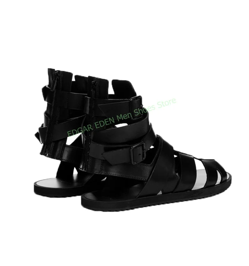 Men's New Style Hollowed Out Black Leather Sandals Male Carved Comfortable Flat Heel Buckle Ankle Strap Fashion Sandals Shoes