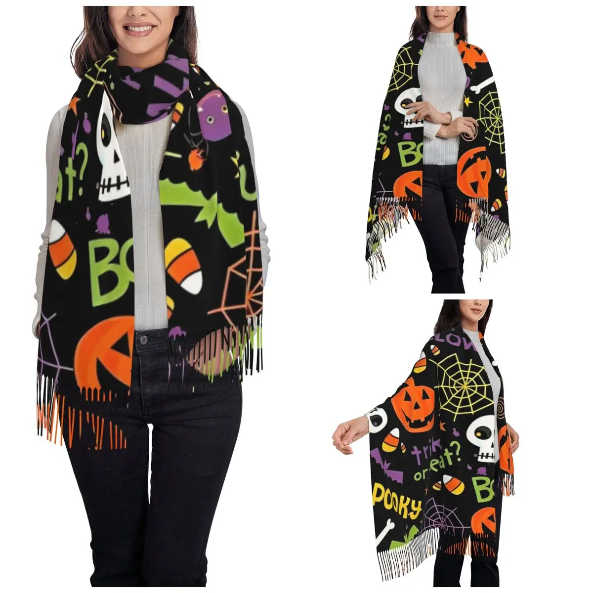 Halloween Pumpkins Spooky Shawl Wrap for Womens Warm Long Soft Scarf Gothic Cartoon Trick or Treat Pashminas Tassel Scarves