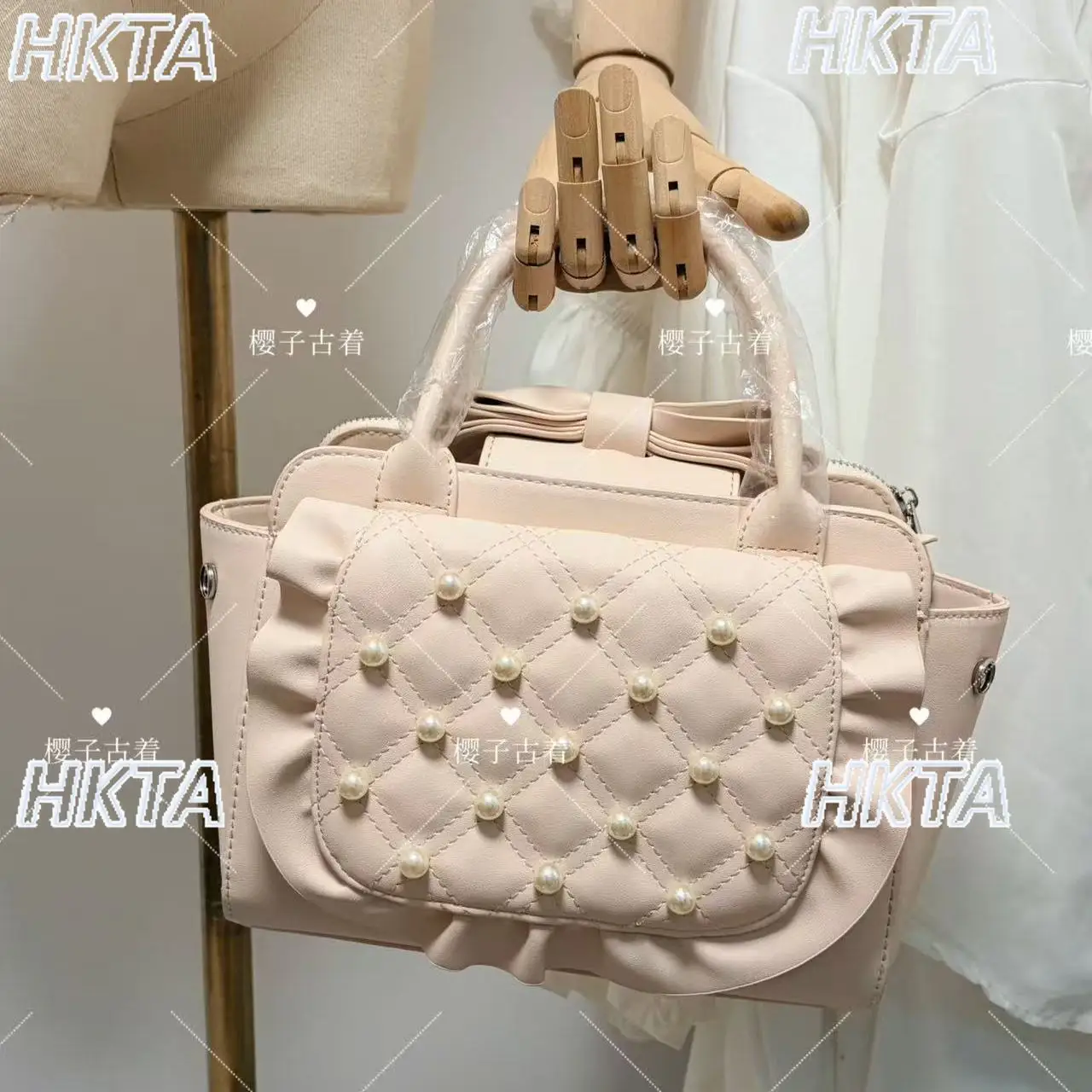 Japanese Pearl Diamond Quilted Sweet Pink Tote Bag New Spring/autumn Cute Lolita Crossbody Bag Women Large Capacity Backpack