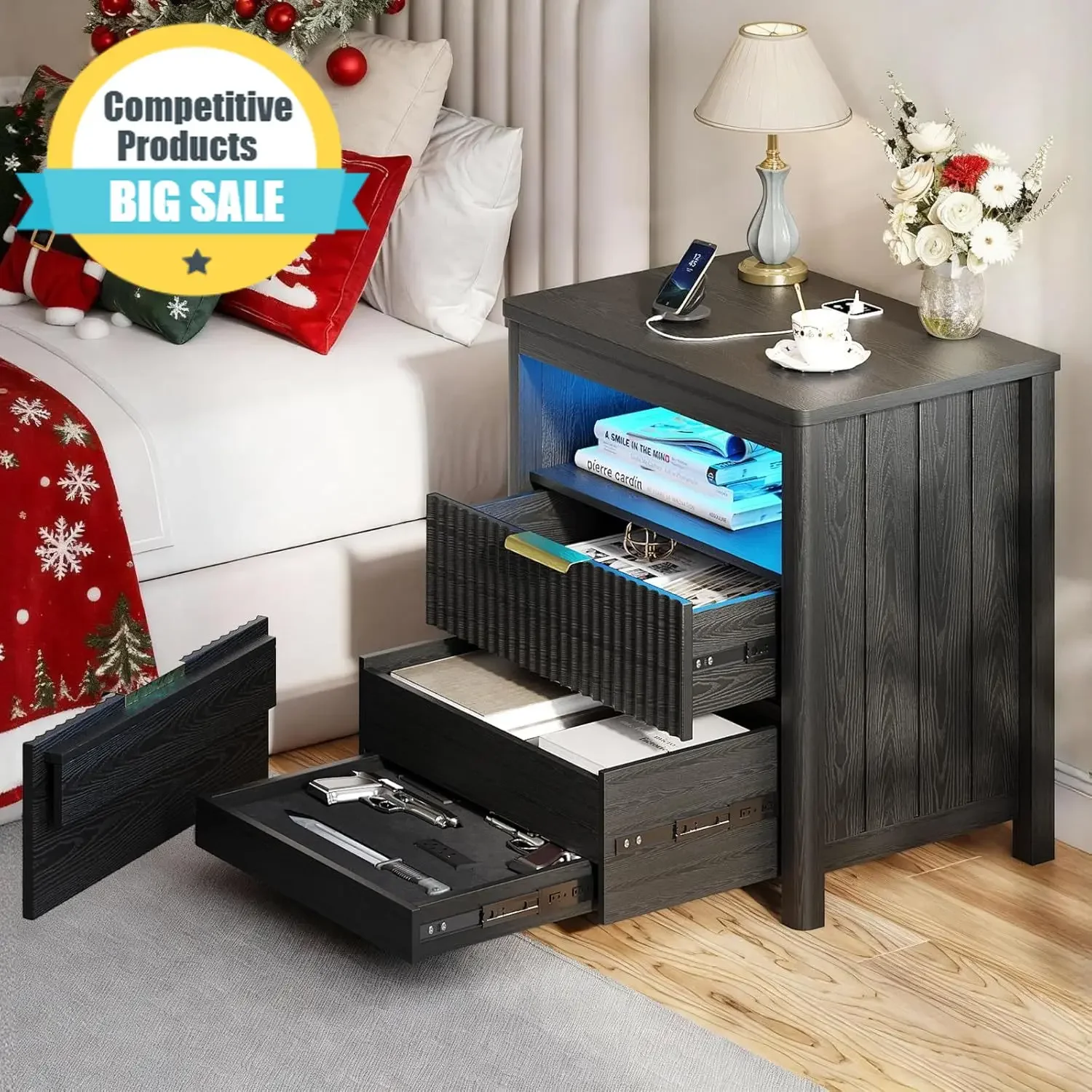 

24" Wide LED Nightstand with 3 Drawer and Auto Sensor for Bedroom Black,Modern Bedside Table with 3 Color Light and USB&Type-C S
