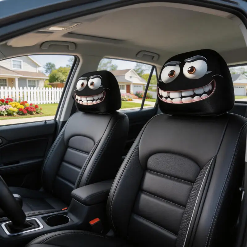 2Pcs Funny Grinning Face Car Headrest Covers, Universal Black Cartoon Expression Headrest Sleeves, Trendy Car Interior Decor
