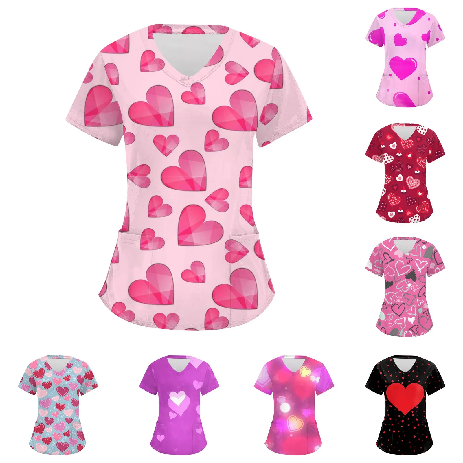 Valentine Day Nurse Uniform Women Heart Love Print Medical Scrubs Working Short Sleeve Uniform Blouse Scrubs Nursing Working