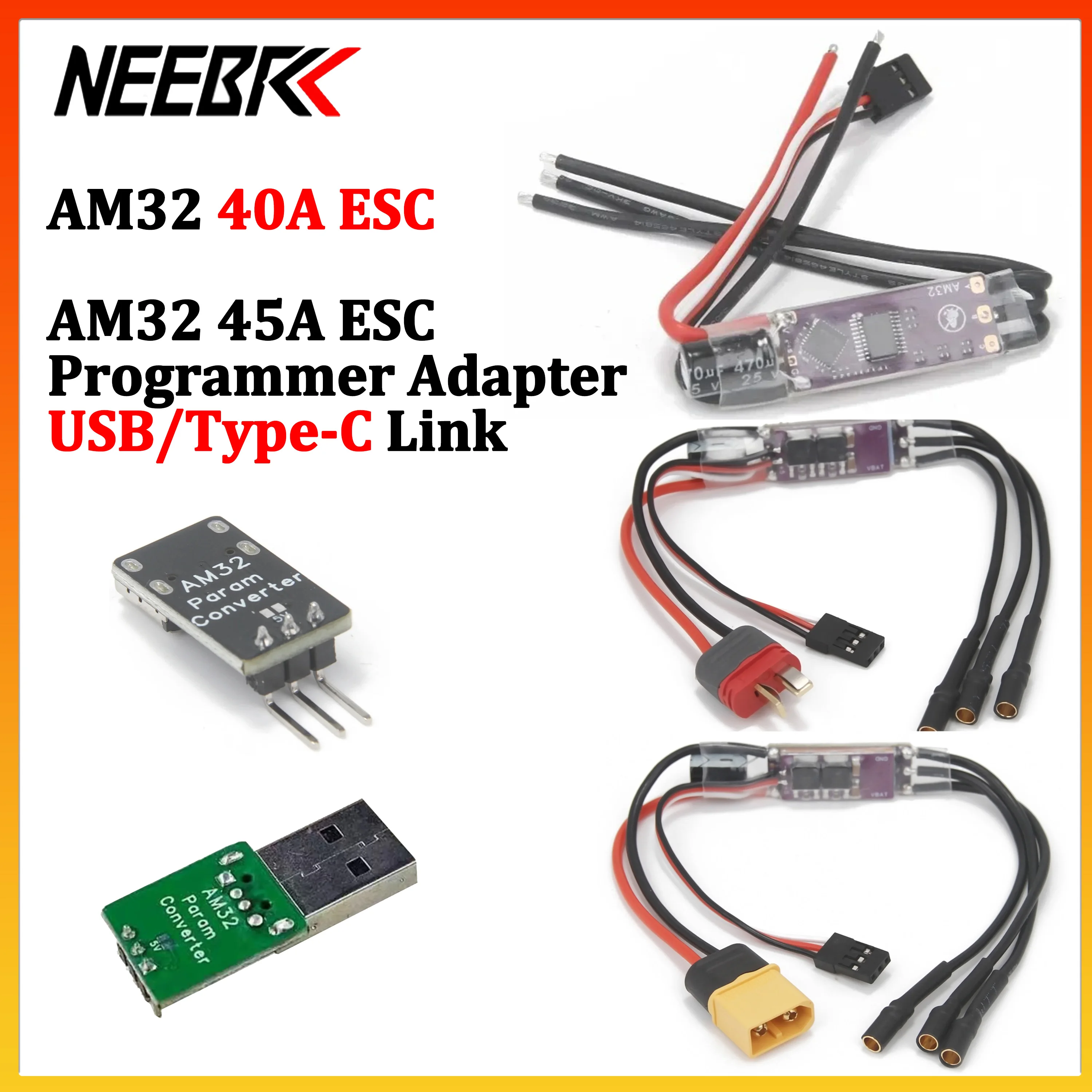 AM32 2-4S 40A ESC Brushless Speed Controller T/XT60 Plug 45A Programmer Adapter USB/Type-C Link for RC Crawler Car Tank Drone