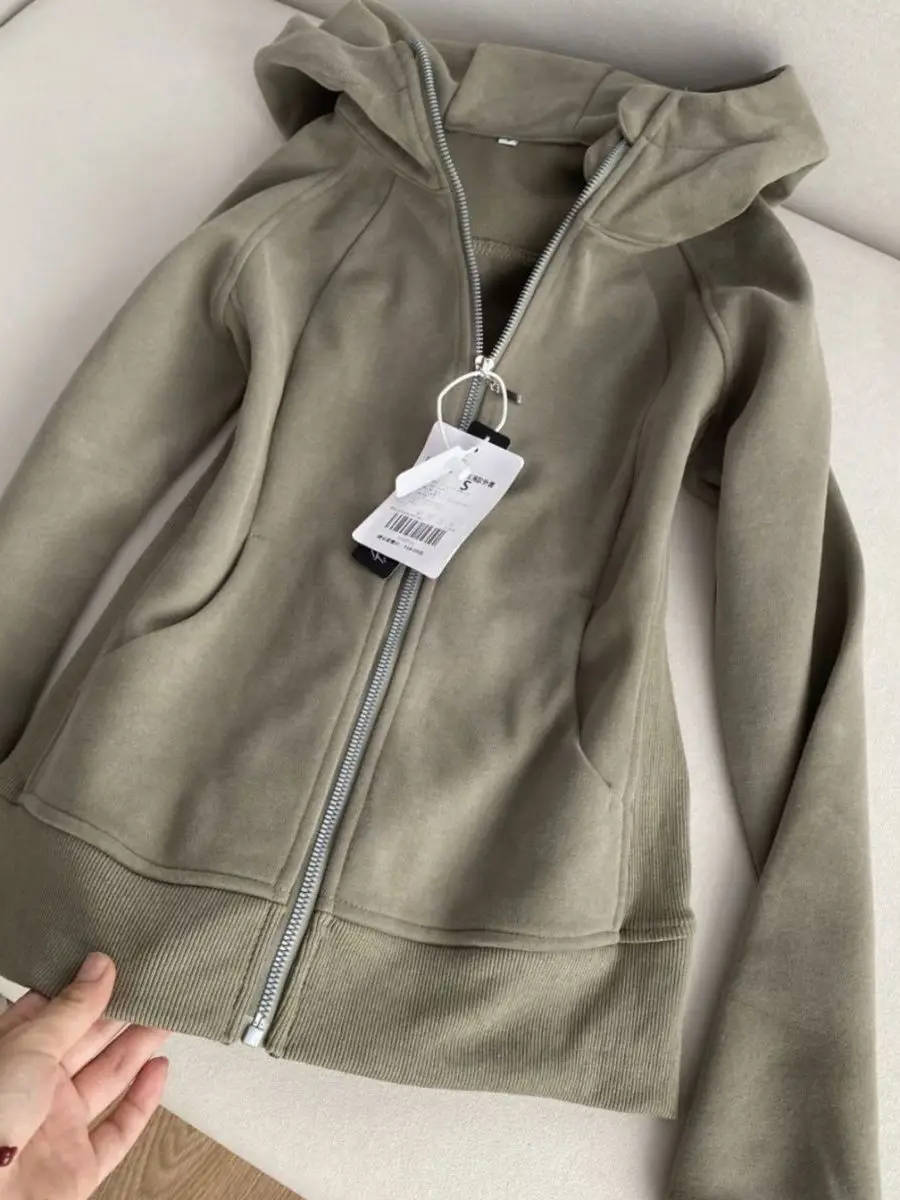 Slim Fit Olive Green Hoodie Jacket Women's Sporty Zipper Cardigan White Enhancing Top for Autumn New Arrival Student Friendly