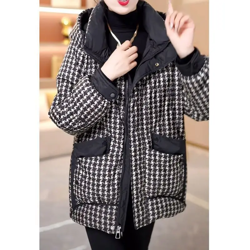 

Autumn Winter Fashion Thousand Bird Grid Cotton Jacket for 2025 New Women Thicken Parker Women's Warm Hooded Casual Loose Coats