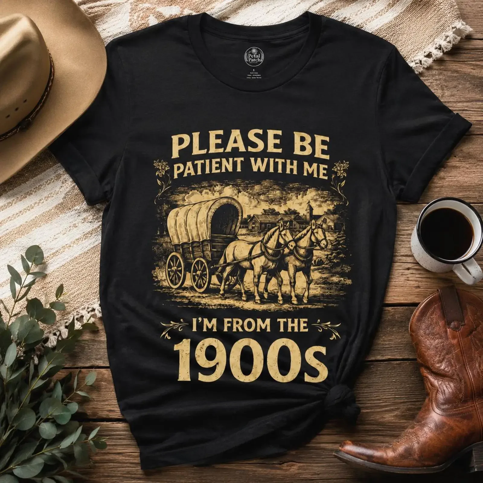 Please Be Patient With Me wagon prairie shirt 1900s covered T vintage Washed Unisex designer clothes Versatile fashion