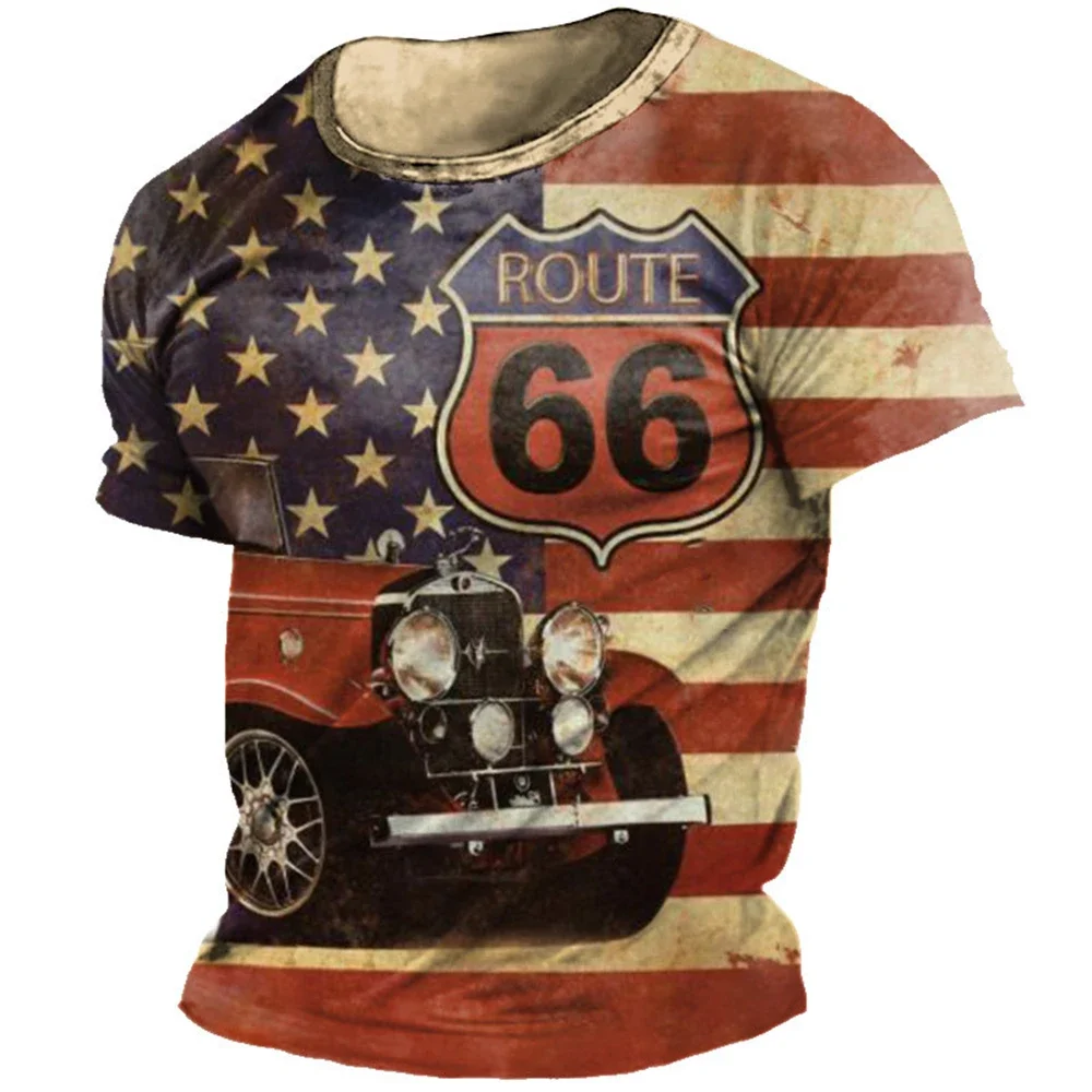 

2024 Summer Retro Hot 3d Printed Men's T-shirt Route 66 Print Pattern Large Size Relaxed Comfortable Breathable Fashion Top