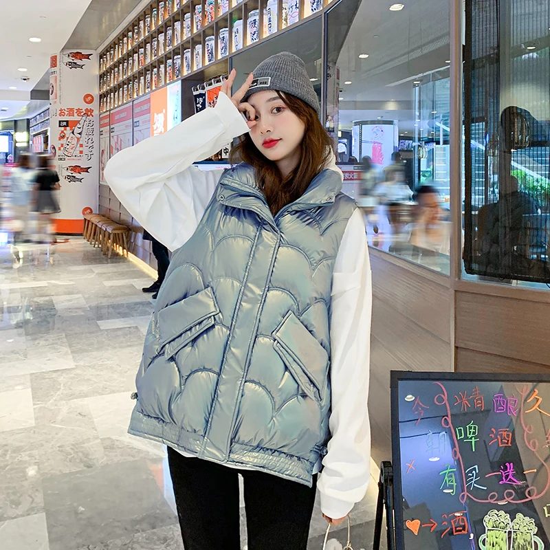 

Short Stand Collar Parka Vest New Winter Jacket Women Casual Solid Color Fish Scales Parka Coat Women Cotton Vest