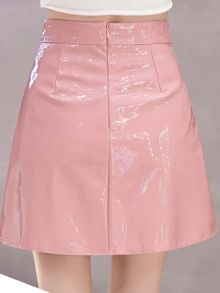 PU Skirt Women A Line Streetwear Patent Leather Black Pink Blue Casual Faldas Mujer Moda Sute Sweet Kawaii Saia