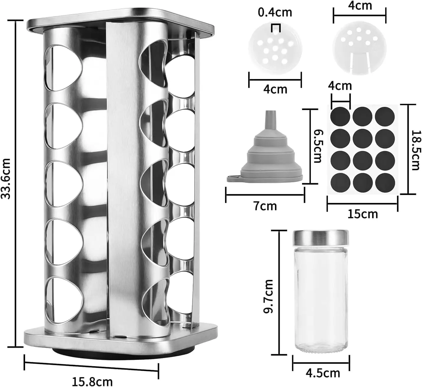 SAEIV Drehbares Edelstahl Gewürzregal mit 20 Glas-Gewürzdosen – 360° Gewürzständer inkl. Beschriftungsaufklebern, Marker & Reinigungsbürste – Moderner Platzsparender Gewürzorganizer für Küche – Detail 2