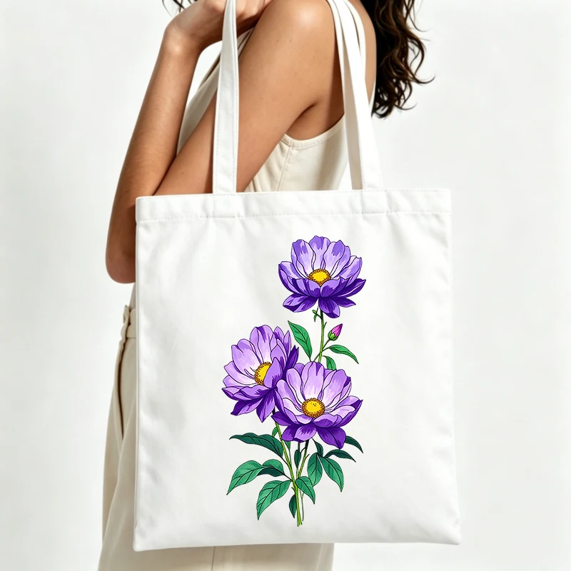purple flower print canvas tote bag, casual style for daily shopping and summer outings