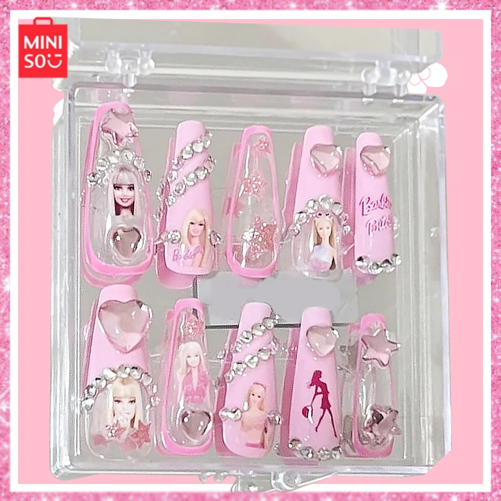 Miniso Barbie Princess Print Y2K Pure Handmade Kawaii Wearing Hard Nails Reusable Nail Enhancements Birthday Gift Special Pink