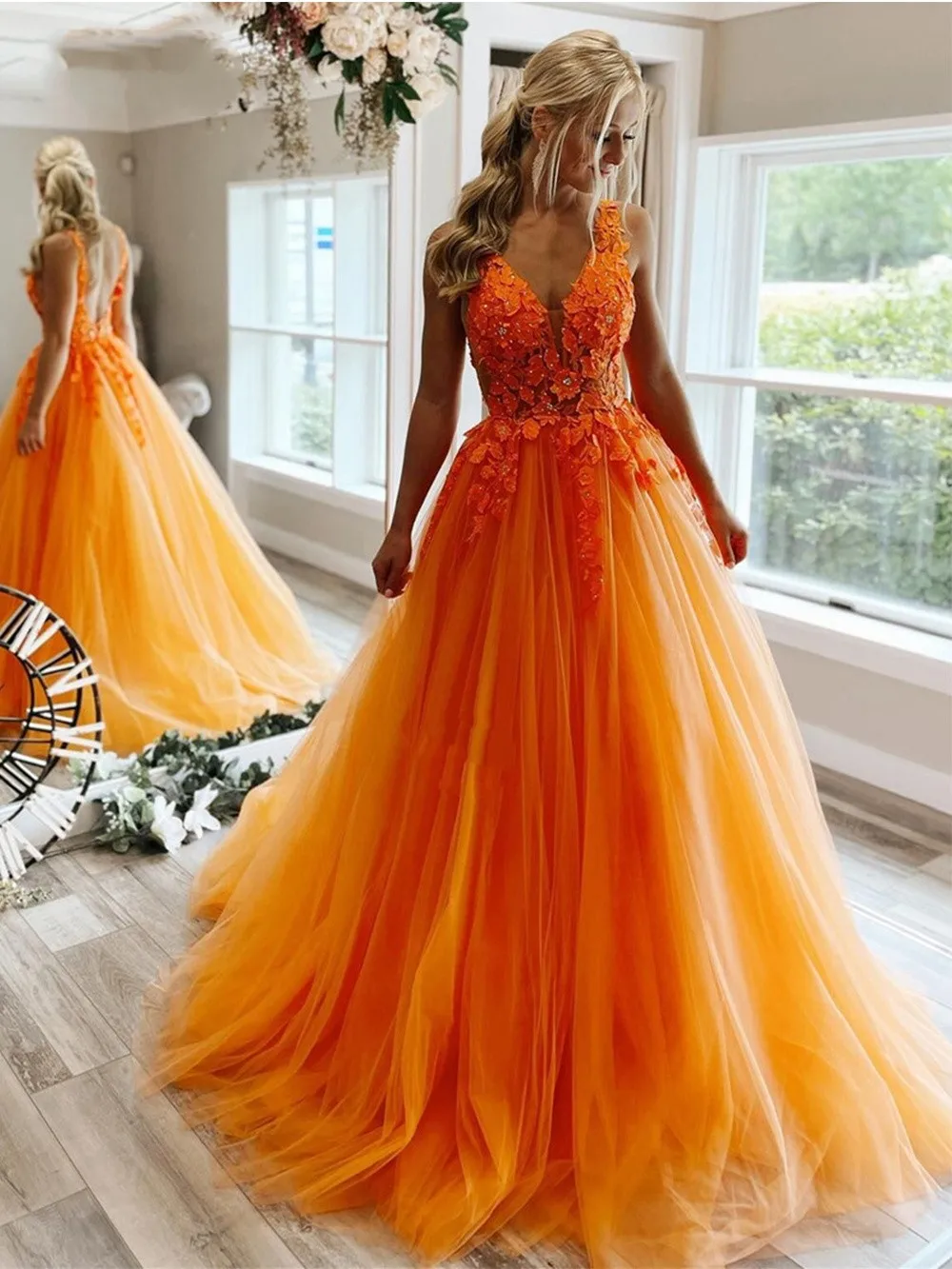 Orange Tulle Evening Party Dress Formal Graduation Dress A Line Celebrity Dress with Tiered Layers Elegant Party Gown for Women