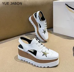 Platform Summer Sandals Autumn Women Real Leather Stars Flat Casual Shoes Fashion Lace Up Brogue Shoes Footwear Chaussures Femme