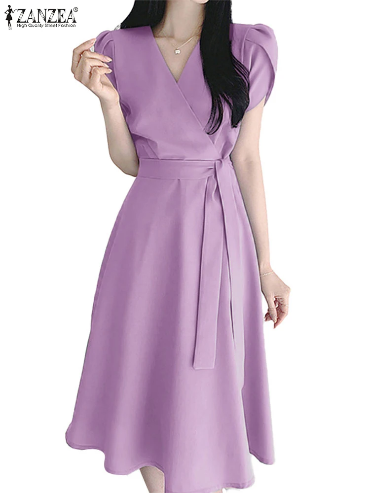 

ZANZEA Summer Solid Color Dress Women V Neck Short Sleeve OL Work Sundress Elegant Party Vestidos Fashion A Line Midi Dresses