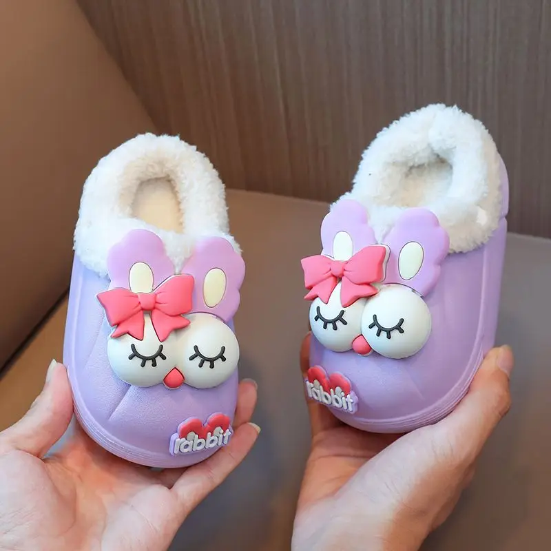 Waterproof Slip Resistant Girls Winter Cotton Slippers Fleece Lined Plush Indoor Slippers for Kids Warm Cozy Home Footwear