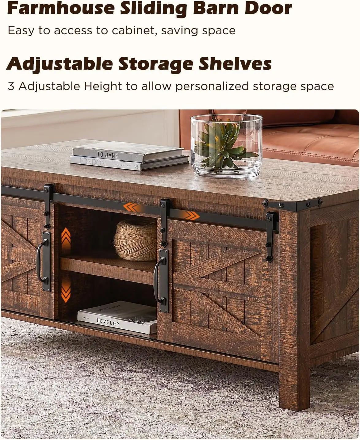 Mesa de centro elevatória de fazenda de 48 "com porta deslizante de celeiro, prateleira ajustável para sala de estar, escritório, Barnwood recuperado