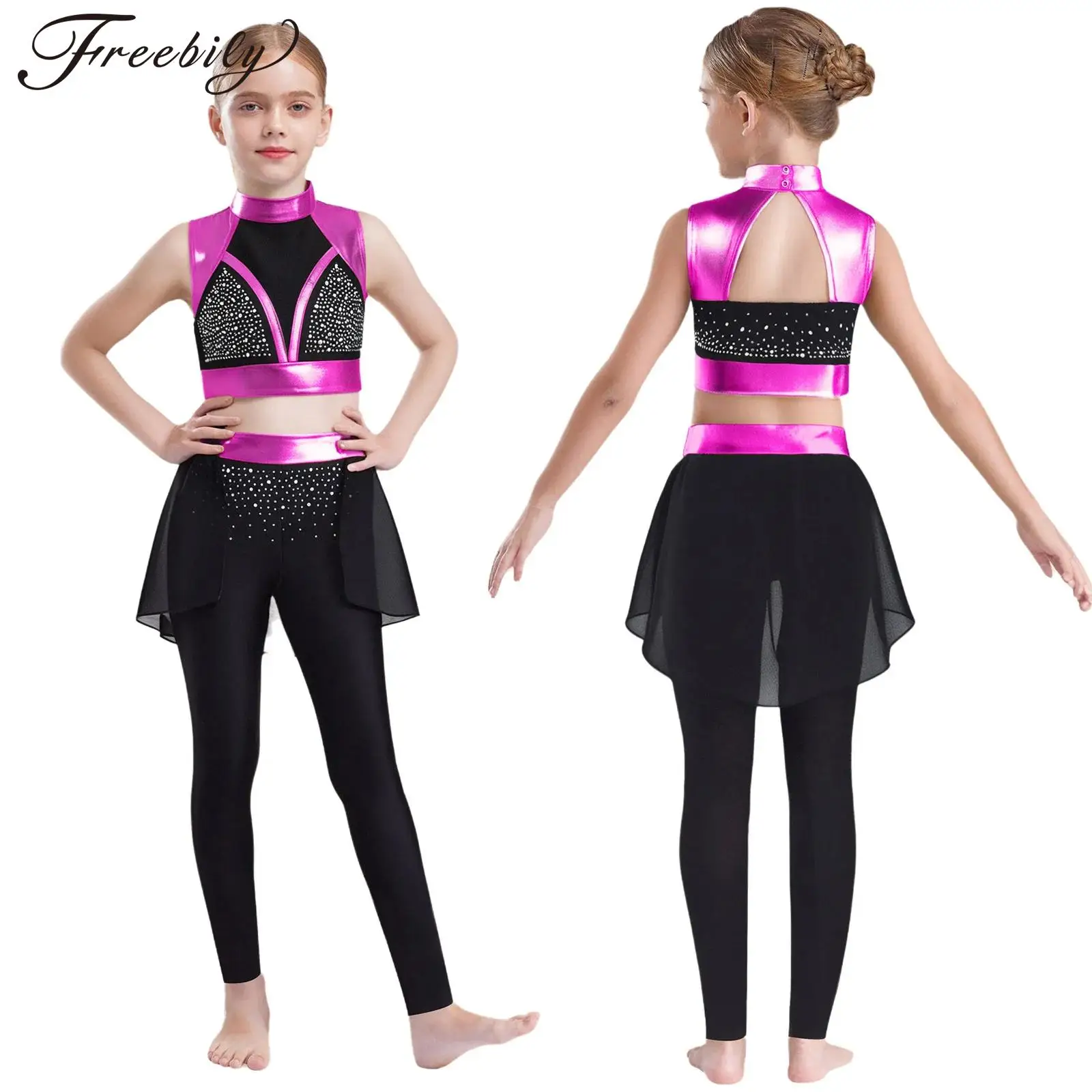 

Kids Girls Gymnastics Figure Skating Ballet Dance Performance Costume Shiny Rhinestones Metallic Crop Tops with Pants Dancewear