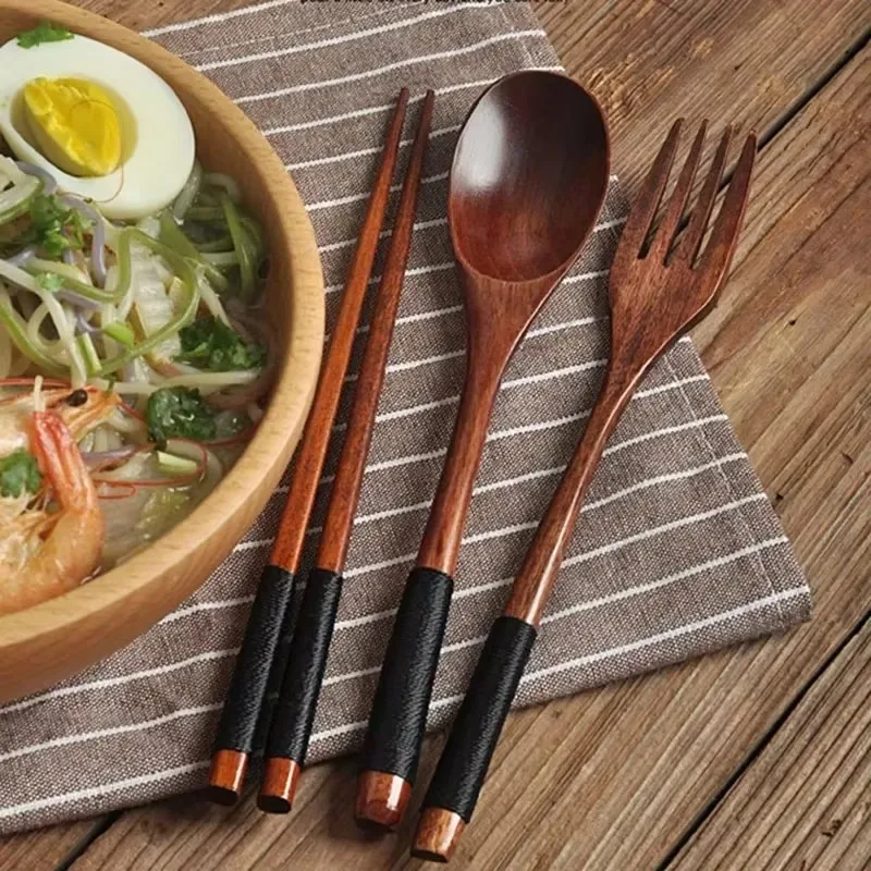 3Pcs Tableware Natural Wood Dinnerware Spoon Chopsticks Fork Kit Dinner Portable Tableware Grain Household Kitchen Cutlery Set