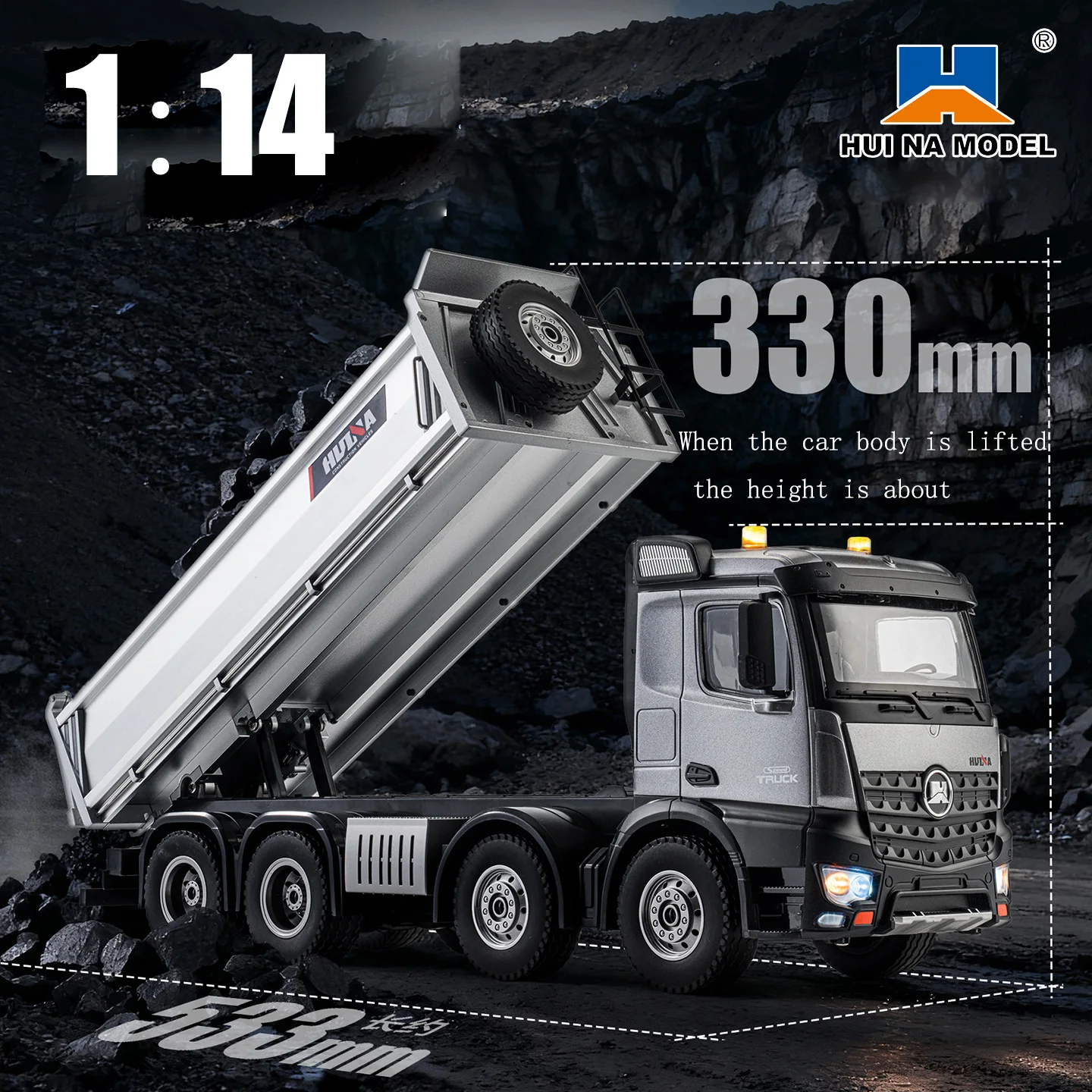 536pro nouveau 13CH 1:14 télécommande en alliage à grande échelle 8 roues robuste ingénierie camion à benne basculante jouet télécommandé avec lumières