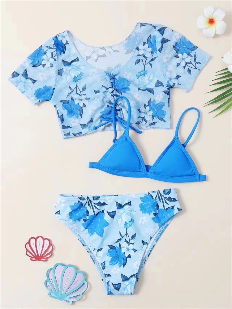 Bikini Girls Kids Swimsuit 2024 New Print Short Sleeves Bikinis Set Children Swimwear Summer Three Piece Beach Wear Bathing Suit