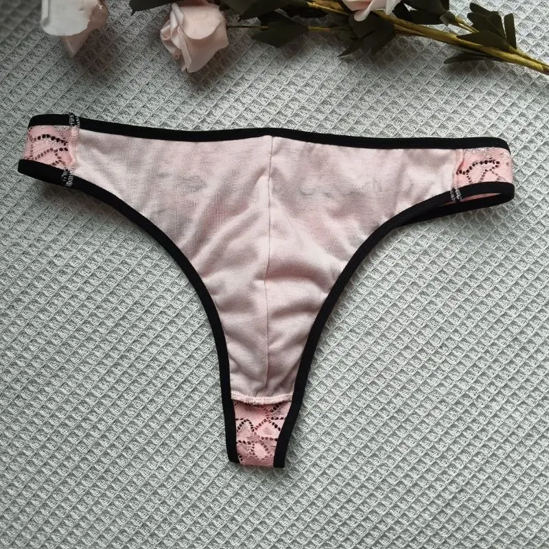 Men Lace Thong Hollow Out Breathable T-back Underwear Convex Pouch Contrast Binding Soft LGBT Intimate Bottoms Briefs