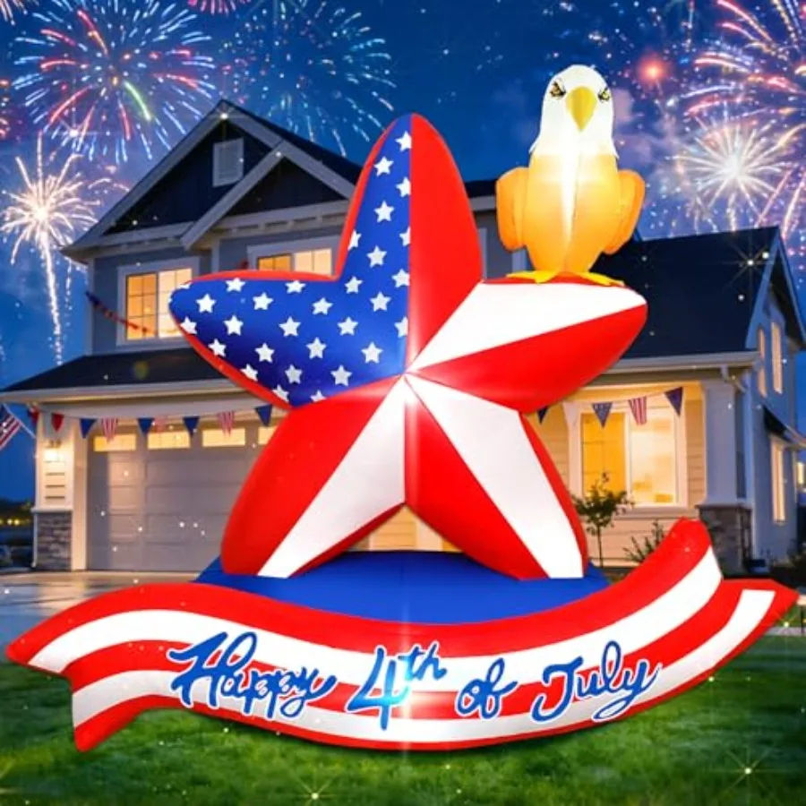 

4th of July Inflatables Outdoor Decorations 5.5ft Patriotic American Star Blow Up Inflatable Yard Decoration with Bald Eagle LE