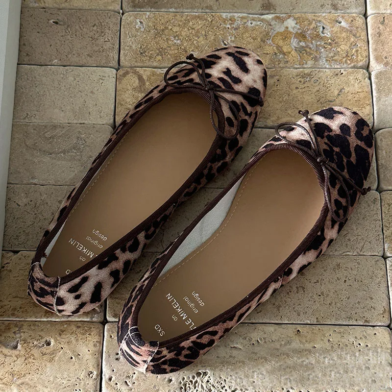 Calzature moda Leopard print Ladies Flat con scarpe Slides punta tonda donna Butterfly-Knot Shallow Women ballerine scarpe