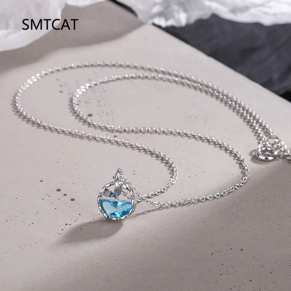 Half Round Natural Blue Topaz 925 Sterling Silver Ocean Fishtail Pendant Necklace for Woman Gemstone Jewelry Colar de Prata