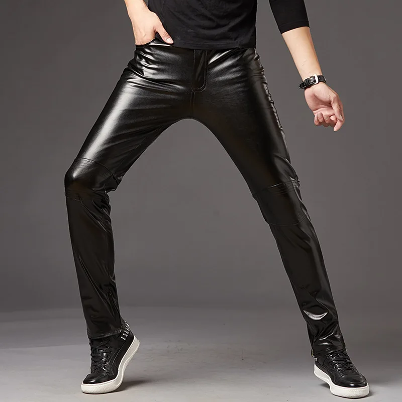 Autumn/Winter Men\'s Leather Pants Korean Slim Fit Feet Pants Stage Performance Men\'s Motorcycle Bright Silver Leather Pants