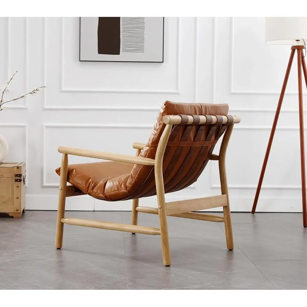 Kursi Aksen Kulit Imitasi Kursi Santai Modern Kursi Baca Nyaman Rangka Kayu Solid Desain Ergonomis Alas Kaki Dapat Disesuaikan Kokoh
