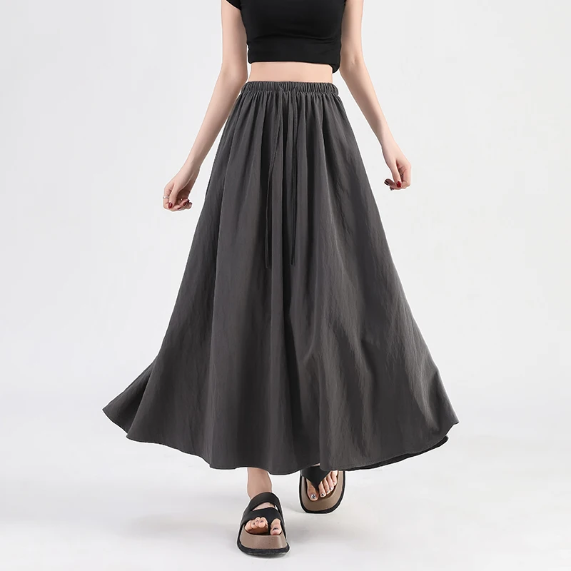 

Summer Chic Long Skirts for Women 2024 All Match A Line Elastic Waist Skirt With Pockets Woman Korean Casual Midi Skirt Ladies