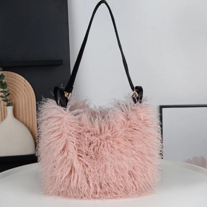 Imitation Wool Women's Plush Shoulder Bags Y2k Hot Girls Faux Fur Drawstring Bucket Bag Fashion Female Furry Purse Tote Handbags