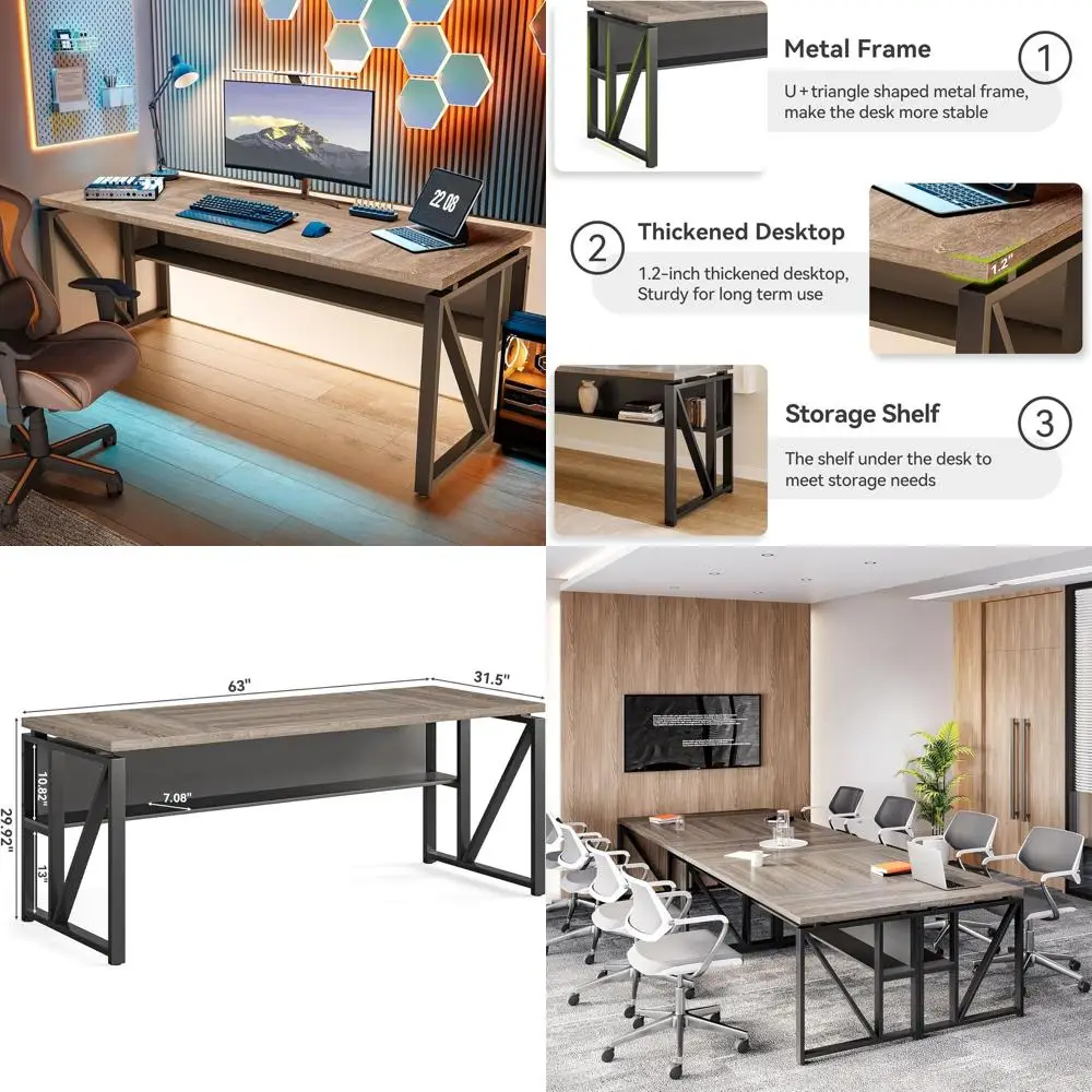 

63 Large Executive Office Desk with Storage, Metal Frame, Grey & Black, Home/Office Workstation