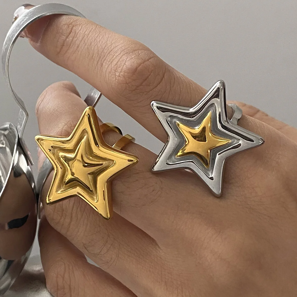Anillo Abierto Ajustable con Estrella 3D para Mujer, Chapado en Oro y Plata, Joyería de Aleación para Uso Diario, Fiestas, Combinación y Estilo Urbano