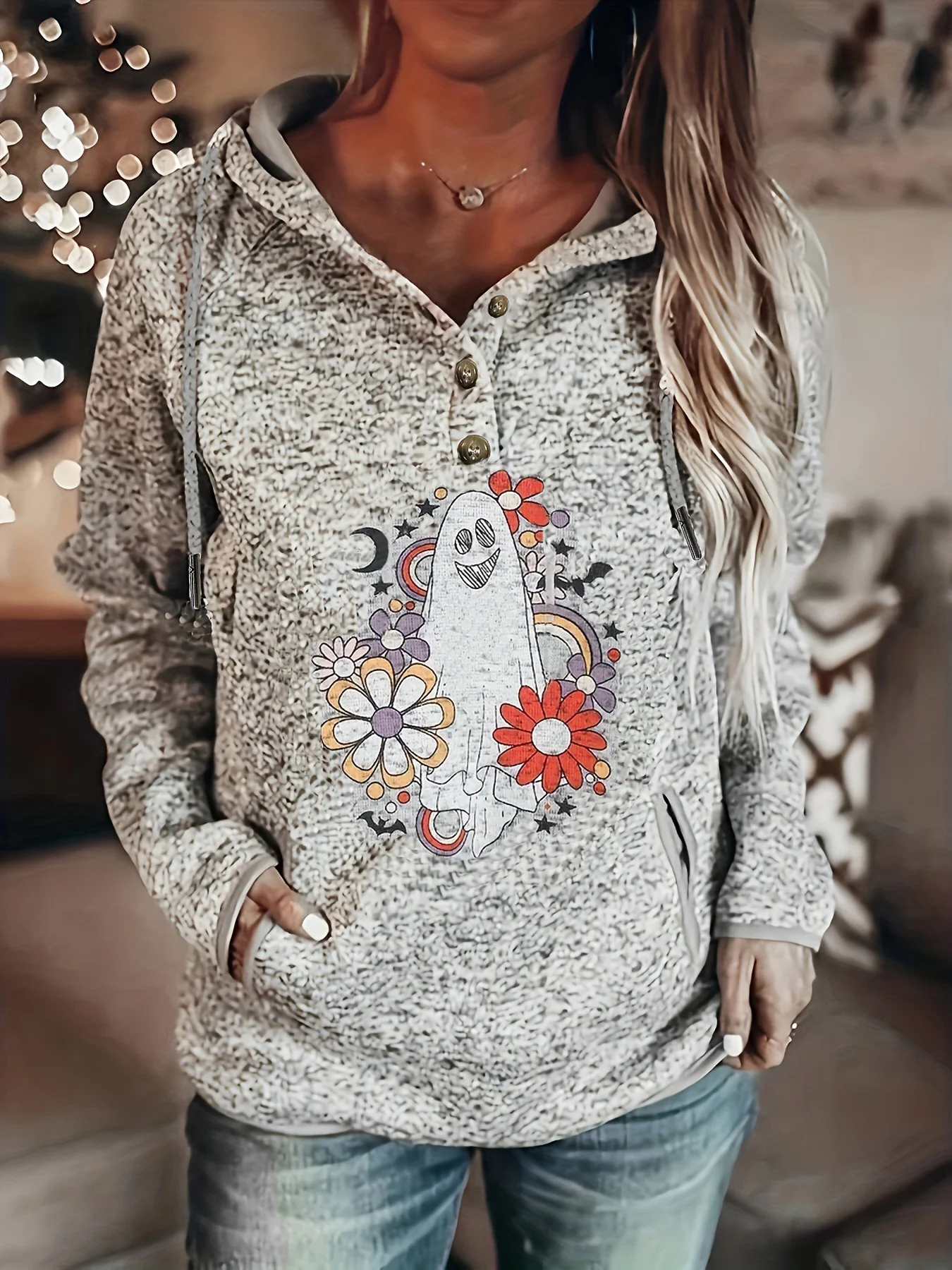 Plus Size Casual Sweatshirt, Women's Plus Ghost & Floral Print Long Sleeve Drawstring Hooded Henley Sweatshirt With Pockets